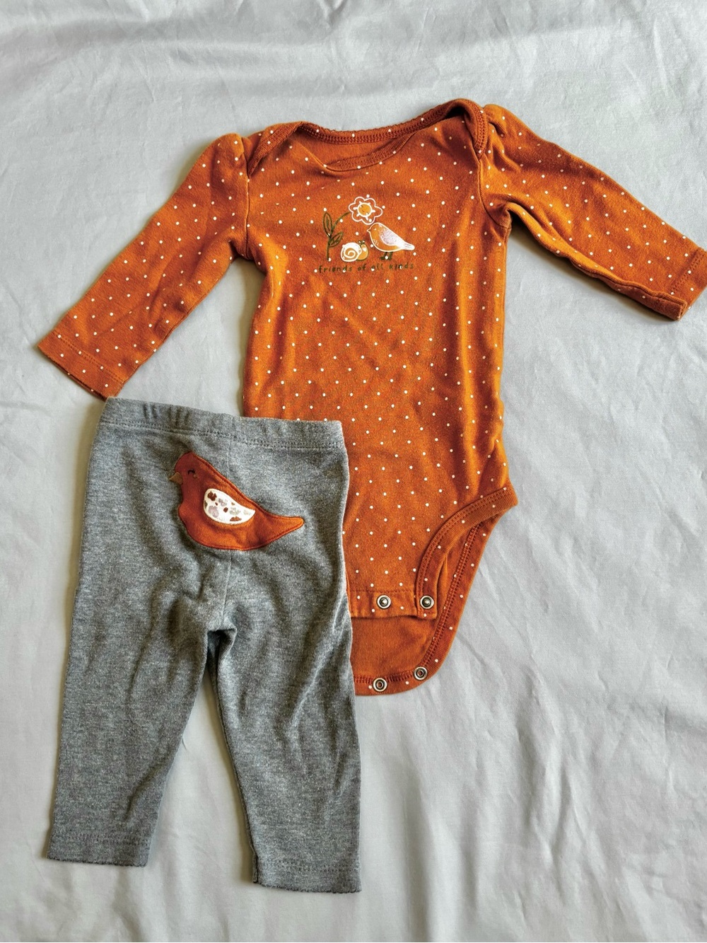 Carter's Fall colors Polka Dot Long-Sleeve Bodysuit with Gray Bird Pants - 6’
